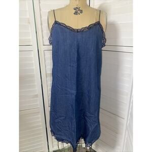 Tinsel Town Blue Chambray Slip Dress Women’s Large Lace Trimmed Mini